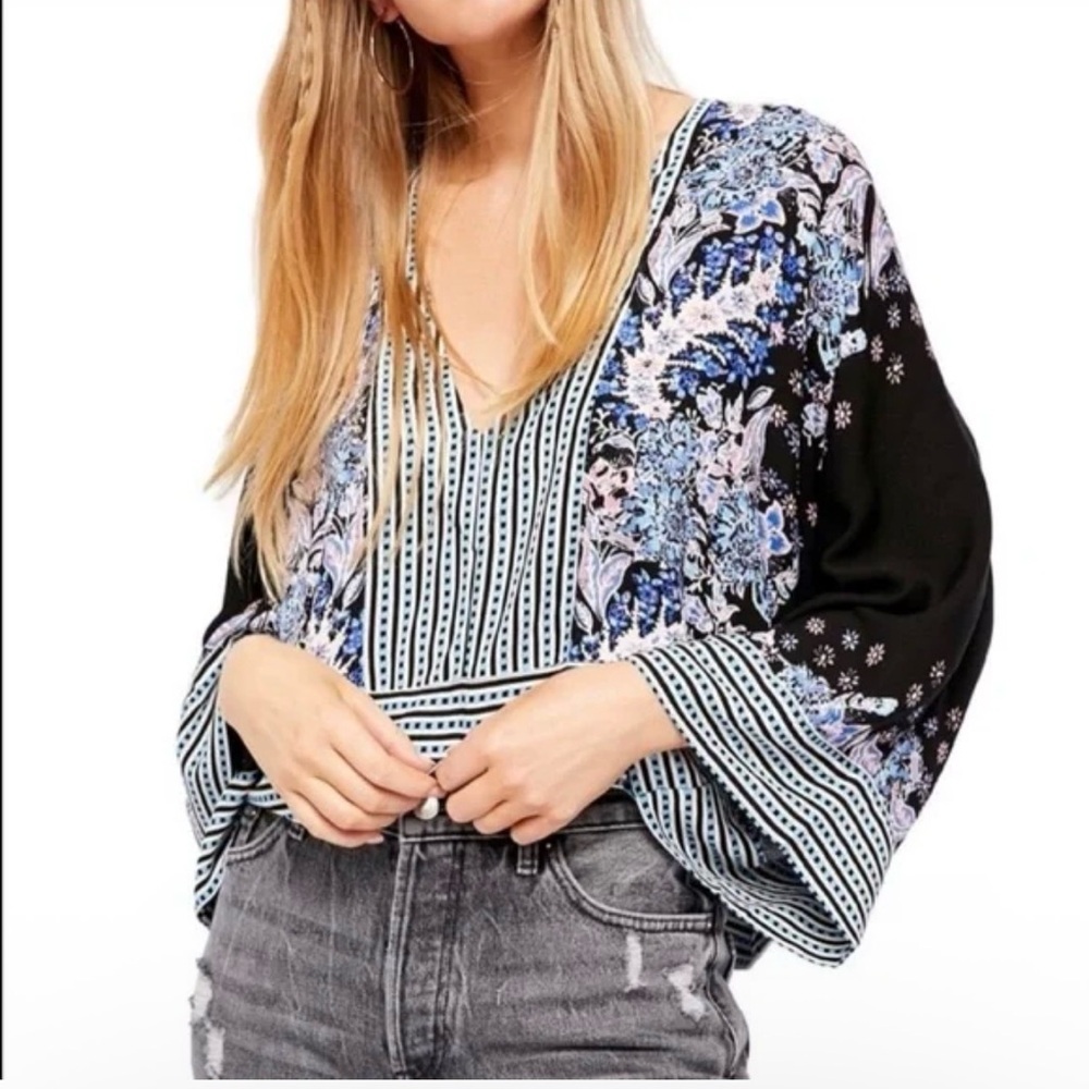 Free People Mix N Match Black Kimono Sleeve V Neck Blouse Womens Size